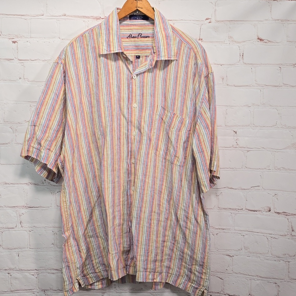 Alan Flusser Rainbow Striped 100% Linen Button Down Shirt Mens Size XL